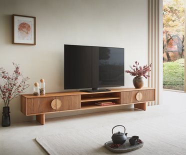DELIFE Tv-meubel Surimu 240 cm acacia lichtbruin 4 deuren 2 vakken kurk handvat houten poten