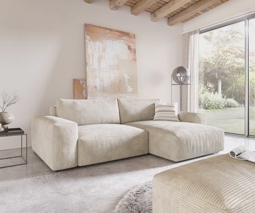 DELIFE Hoekbank Lanzo XL 270x180 cm Cord Beige Recamiere variabel met poef
