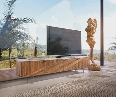 DELIFE Tv-meubel Bahan 200 cm Mango Teak 4 deuren Marmeren blad wit hoekonderstel roestvrij staal