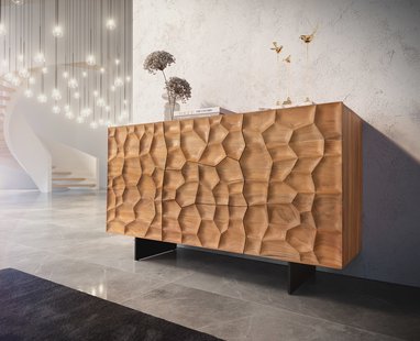 DELIFE Dressoir Solu 145 cm acacia natuur 2 deuren 3 laden onderstel zwevend metaal zwart 3D-front