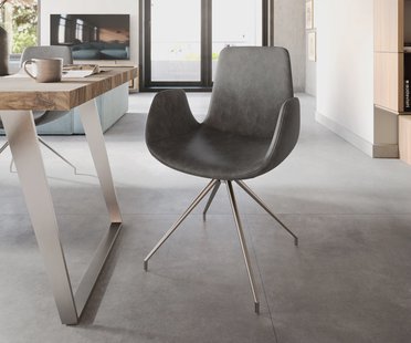 DELIFE Eetkamerstoel Ilia-Flex met armleuning microvelours antraciet vintage kruisframe conisch roestvrij staal