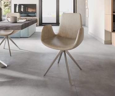 DELIFE Eetkamerstoel Ilia-Flex met armleuning microvelours beige vintage kruisframe hoekig roestvrij staal