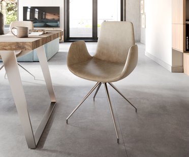 DELIFE Eetkamerstoel Ilia-Flex met armleuning microvelours beige vintage kruisframe conisch roestvrij staal