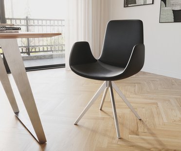 DELIFE Eetkamerstoel Ilia-Flex met armleuning echt leer zwart kruisframe hoekig roestvrij staal