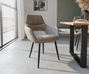 DELIFE Eetkamerstoel Yago-Flex met armleuning microvelours taupe vintage 4-poot conisch zwart pocketveer kern