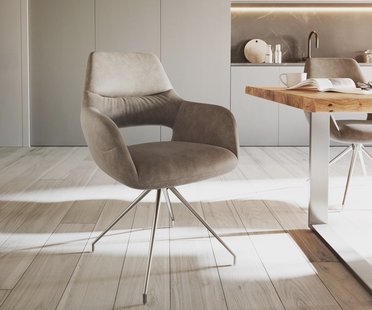 DELIFE Eetkamerstoel Yago-Flex met armleuning microvelours taupe vintage kruisframe conisch roestvrij staal pocketveer kern