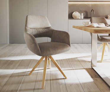 DELIFE Eetkamerstoel Yago-Flex met armleuning microvelours taupe vintage houten frame hoekig natuur pocketveer kern