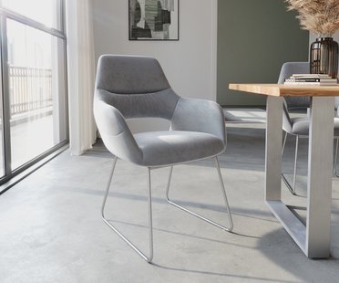 DELIFE Eetkamerstoel Yago-Flex met armleuning fluweel grijs slipframe roestvrij staal pocketveer kern