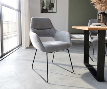 DELIFE Eetkamerstoel Yago-Flex met armleuning fluweel grijs slipframe zwart pocketveer kern
