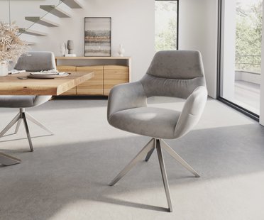 DELIFE Eetkamerstoel Yago-Flex met armleuning fluweel grijs kruisframe breed roestvrij staal pocketveer kern