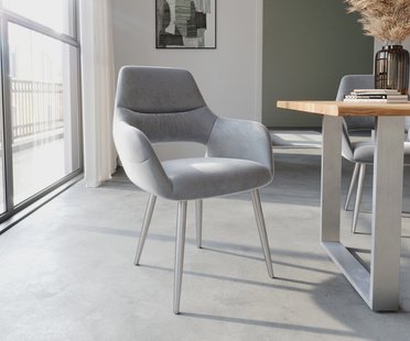 DELIFE Eetkamerstoel Yago-Flex met armleuning fluweel grijs 4-poot conisch roestvrij staal pocketveer kern
