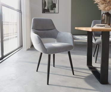 DELIFE Eetkamerstoel Yago-Flex met armleuning fluweel grijs 4-poot conisch zwart pocketveer kern