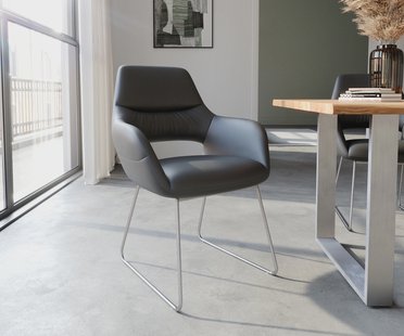 DELIFE Eetkamerstoel Yago-Flex met armleuning echt leer zwart slipframe roestvrij staal pocketveer kern