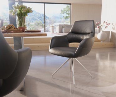 DELIFE Eetkamerstoel Yago-Flex met armleuning echt leer zwart kruisframe conisch roestvrij staal pocketveer kern