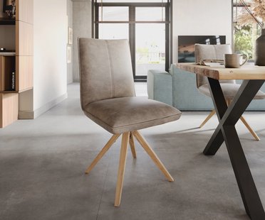 DELIFE Eetkamerstoel Lelio-Flex microvelours taupe vintage houten frame hoekig natuur pocketveer kern