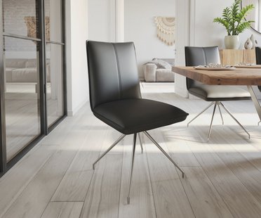 DELIFE Eetkamerstoel Lelio-Flex echt leer zwart kruisframe conisch roestvrij staal pocketveer kern