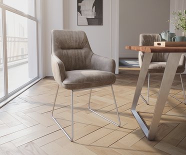 DELIFE Eetkamerstoel Zelia-Flex met armleuning microvelours taupe vintage slipframe roestvrij staal pocketveer kern