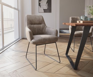 DELIFE Eetkamerstoel Zelia-Flex met armleuning microvelours taupe vintage slipframe zwart pocketveer kern