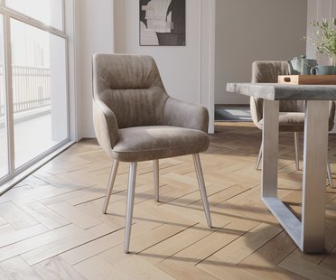 DELIFE Eetkamerstoel Zelia-Flex met armleuning microvelours taupe vintage 4-poot conisch roestvrij staal pocketveer kern