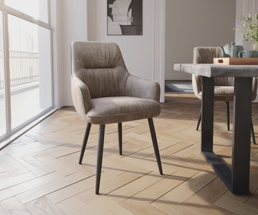 DELIFE Eetkamerstoel Zelia-Flex met armleuning microvelours taupe vintage 4-poot conisch zwart pocketveer kern