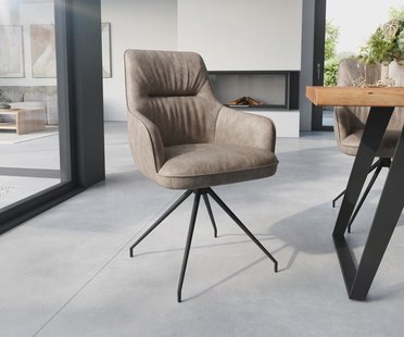 DELIFE Eetkamerstoel Zelia-Flex met armleuning microvelours taupe vintage kruisframe conisch zwart pocketveer kern