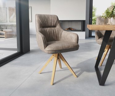 DELIFE Eetkamerstoel Zelia-Flex met armleuning microvelours taupe vintage houten frame hoekig natuur pocketveer kern