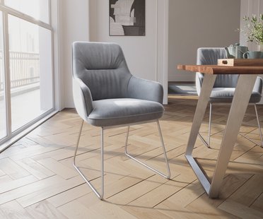 DELIFE Eetkamerstoel Zelia-Flex met armleuning fluweel grijs slipframe roestvrij staal pocketveer kern