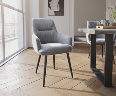 DELIFE Eetkamerstoel Zelia-Flex met armleuning fluweel grijs 4-poot conisch zwart pocketveer kern