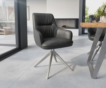 DELIFE Eetkamerstoel Zelia-Flex met armleuning echt leer zwart kruisframe breed roestvrij staal pocketveer kern