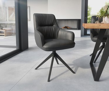DELIFE Eetkamerstoel Zelia-Flex met armleuning echt leer zwart kruisframe breed zwart pocketveer kern
