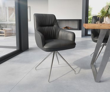 DELIFE Eetkamerstoel Zelia-Flex met armleuning echt leer zwart kruisframe conisch roestvrij staal pocketveer kern