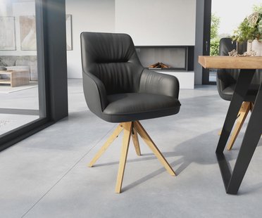 DELIFE Eetkamerstoel Zelia-Flex met armleuning echt leer zwart houten frame hoekig natuur pocketveer kern