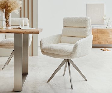 DELIFE Eetkamerstoel Abelia-Flex met armleuning bouclé wit kruisframe hoekig roestvrij staal