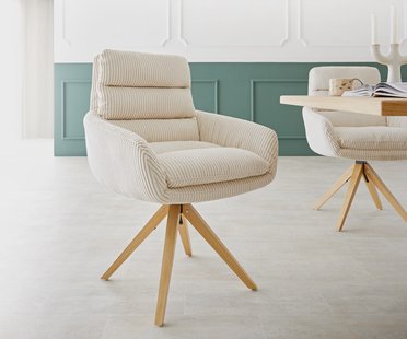 DELIFE Eetkamerstoel Abelia-Flex met armleuning koord beige houten frame hoekig natuur