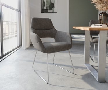 DELIFE Eetkamerstoel Yago-Flex met armleuning microvelours antraciet vintage slipframe roestvrij staal pocketveer kern