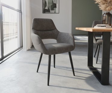 DELIFE Eetkamerstoel Yago-Flex met armleuning microvelours antraciet vintage 4-poot conisch zwart pocketveer kern