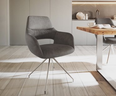 DELIFE Eetkamerstoel Yago-Flex met armleuning microvelours antraciet vintage kruisframe conisch roestvrij staal pocketveer kern