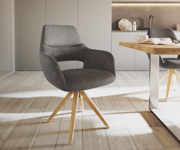 DELIFE Eetkamerstoel Yago-Flex met armleuning microvelours antraciet vintage houten frame hoekig natuur pocketveer kern