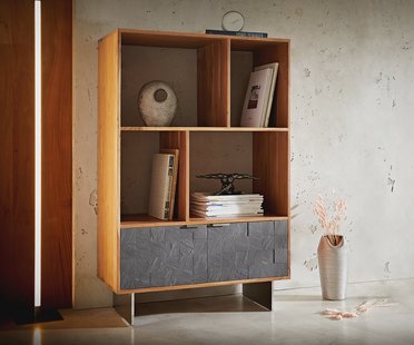 DELIFE Boekenkast Teele 90x130 cm acacia natuur leisteen 2 deuren poot zwevend roestvrij staal