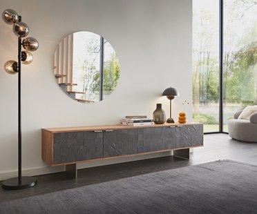 DELIFE Tv-meubel Teele 200 cm acacia natuur leisteen 4 deuren poot zwevend roestvrij staal