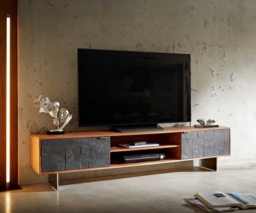 DELIFE Tv-meubel Teele 200 cm acacia natuurleisteen 2 deuren poot zwevend roestvrij staal