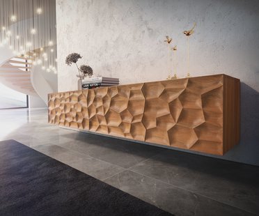 DELIFE Tv-meubel Solu 220 cm acacia natuur 2 deuren 4 laden zwevend 3D front