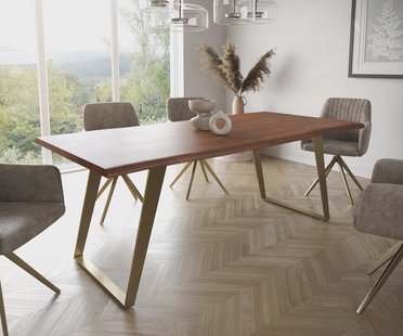 DELIFE Eettafel Edge 200x100 acacia bruin  roestvrij staal  Gold schuin Live-Edge