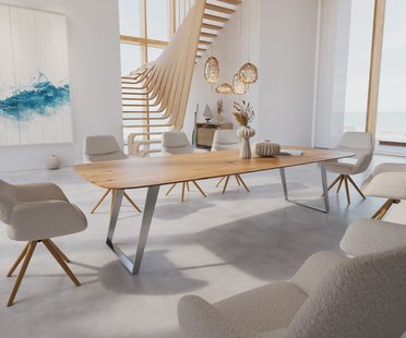 DELIFE Eettafel Edge Boot 300x120x2,5-3 eiken natuur roestvrij staal  schuin Schweizer Kante