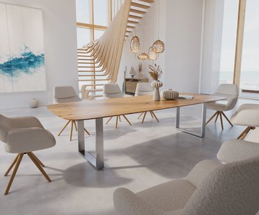 DELIFE Eettafel Edge Boot 300x120x2,5-3 eiken natuur roestvrij staal  smal  Schweizer Kante