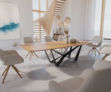 DELIFE Eettafel Edge Boot 300x120x2,5-3 eiken natuur Spider staal  zwart  Schweizer Kante