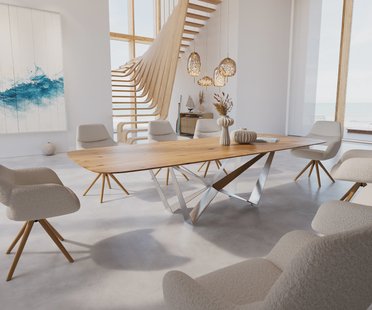 DELIFE Eettafel Edge Boot 300x120x2,5-3 eiken natuur Spider staal  roestvrij staal  Schweizer Kante