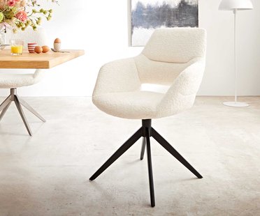 DELIFE Draaistoel Yago-Flex met armleuning bouclé wit kruisframe breed zwart 360° draaibaar pocketveer kern