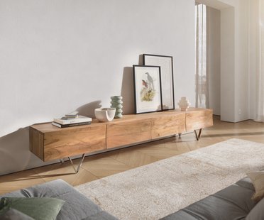 DELIFE Tv-meubel Wyatt 220 cm acacia natuur 4 laden V-poot roestvrij staal