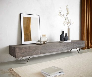 DELIFE Tv-meubel Wyatt 220 cm acacia platina 4 laden V-poot roestvrij staal